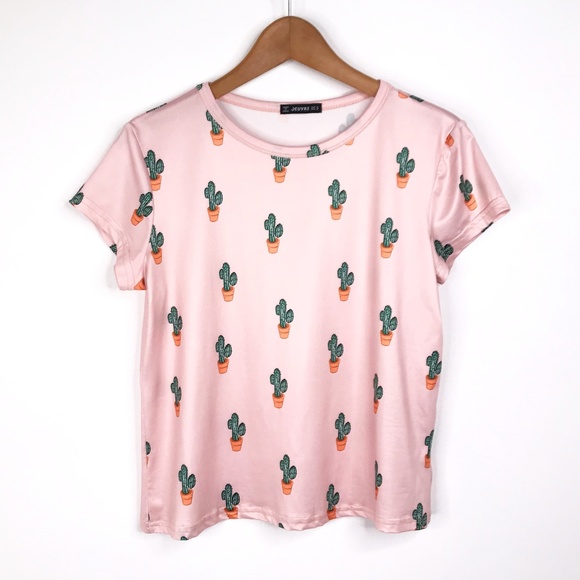 Tops - Cactus Pattern Print Short Sleeve Graphic Top